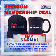 Premium Member Bundle - One Year Premium Membership - with Team Normal Navy Mug, Team Normal Red Hat and Team Normal bumper sticker